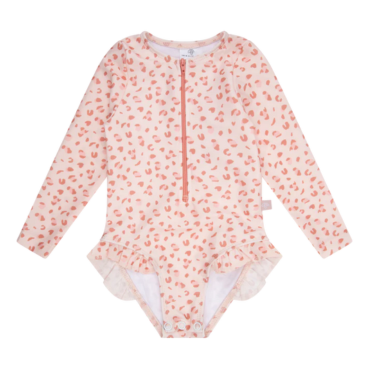 Swim essentials UV Badpak Meisje Lange Mouw Oud Roze Panterprint maat 122/128