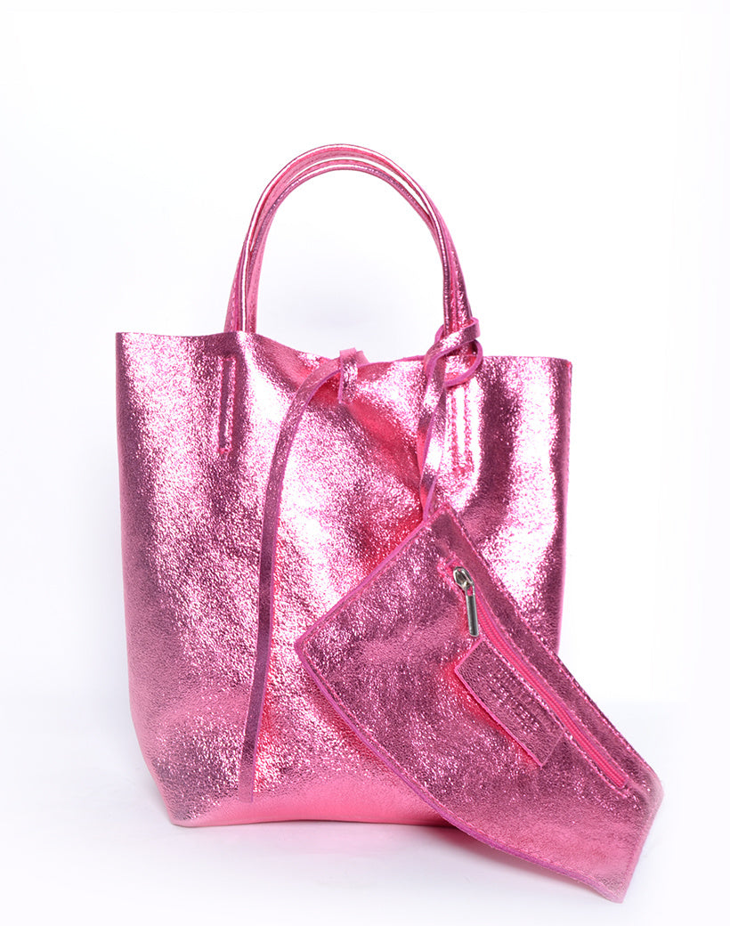 Leren mini shopper metallic roze 16 x 24