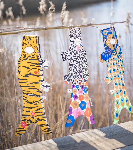 Madame MO koinobori japanse geluksvliegers in de vorm van een vis in prachtige kleuren en prints gots certificaat