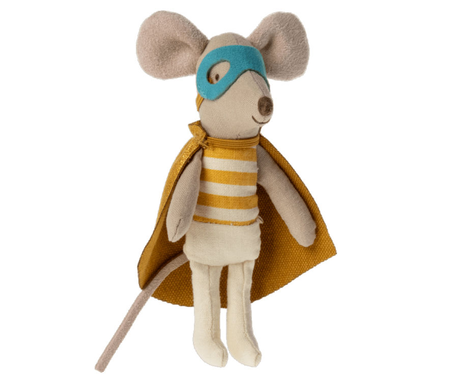 Maileg muis superheld, kleine broer in luciferdoosje 3+