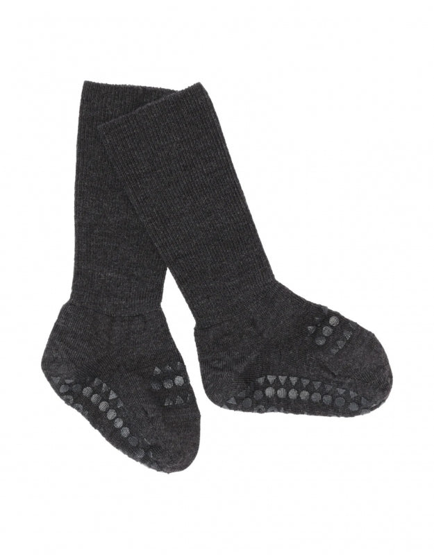 gobabygo antislip sokken wol dark grey melange 6-12 mnd 74-80