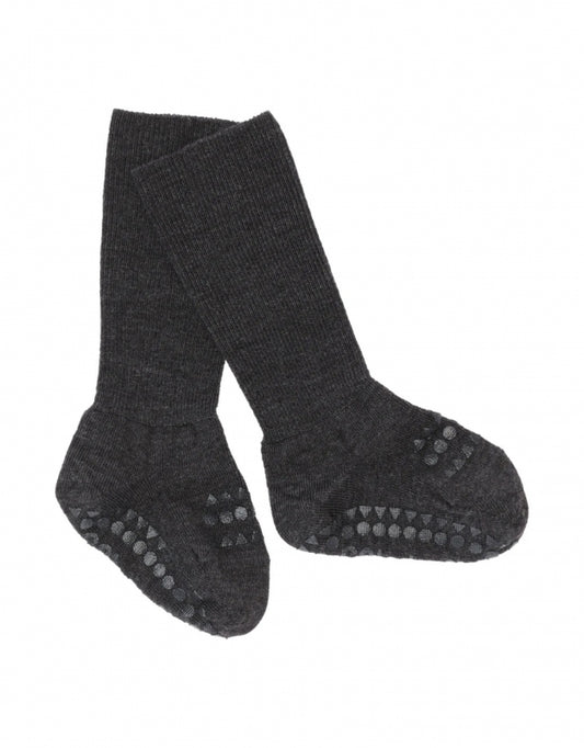 gobabygo antislip sokken wol dark grey melange 6-12 mnd 74-80
